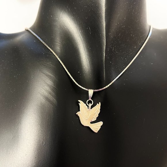 Silver White Dove Bird Pendant Necklace Plated 18" Enamel Holy Spirit Peace - Picture 3 of 11